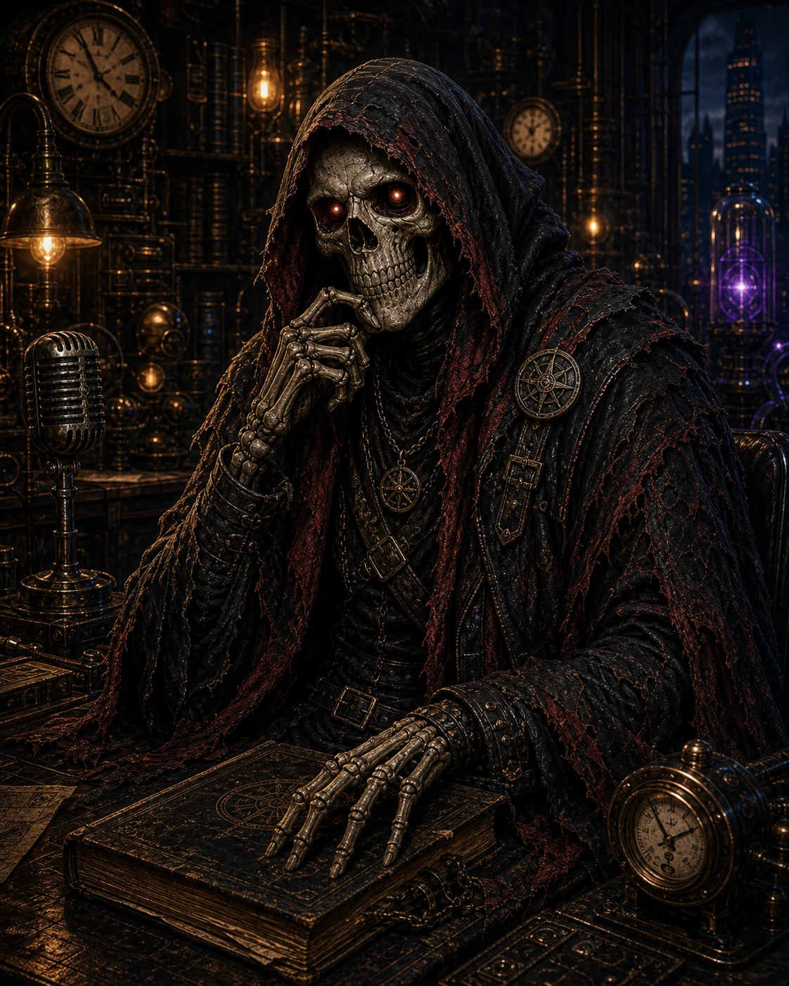 Bob, a composed hooded skeletal companion in weathered black and red layers at an archive desk