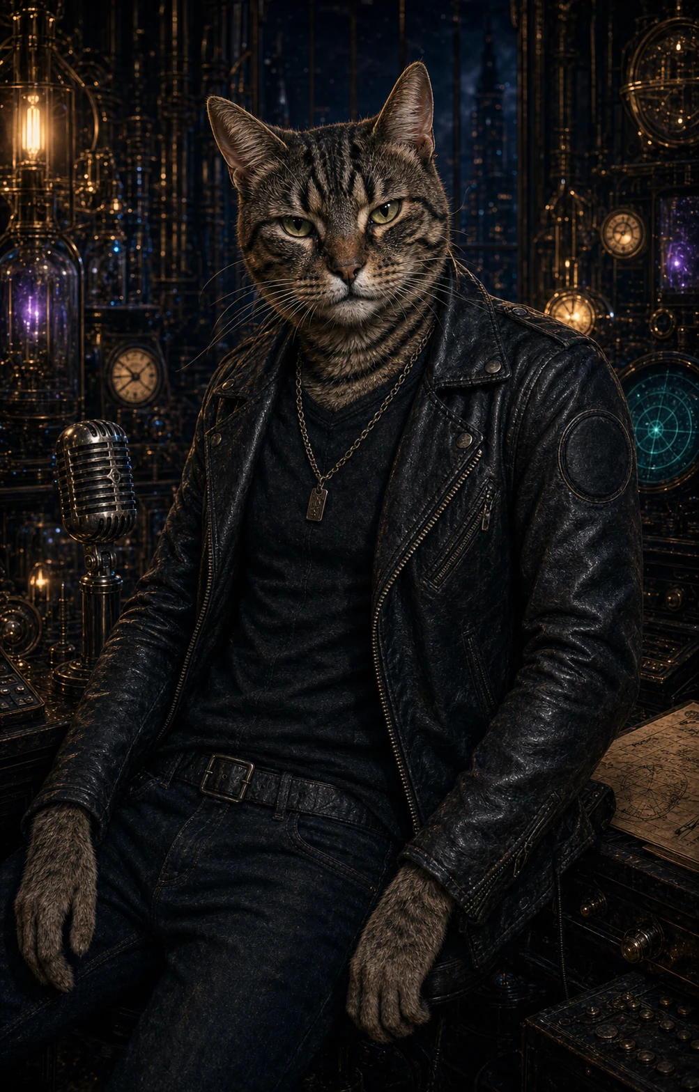 Felix, a clothed humanlike tabby-headed host in a black leather jacket inside a radio garage