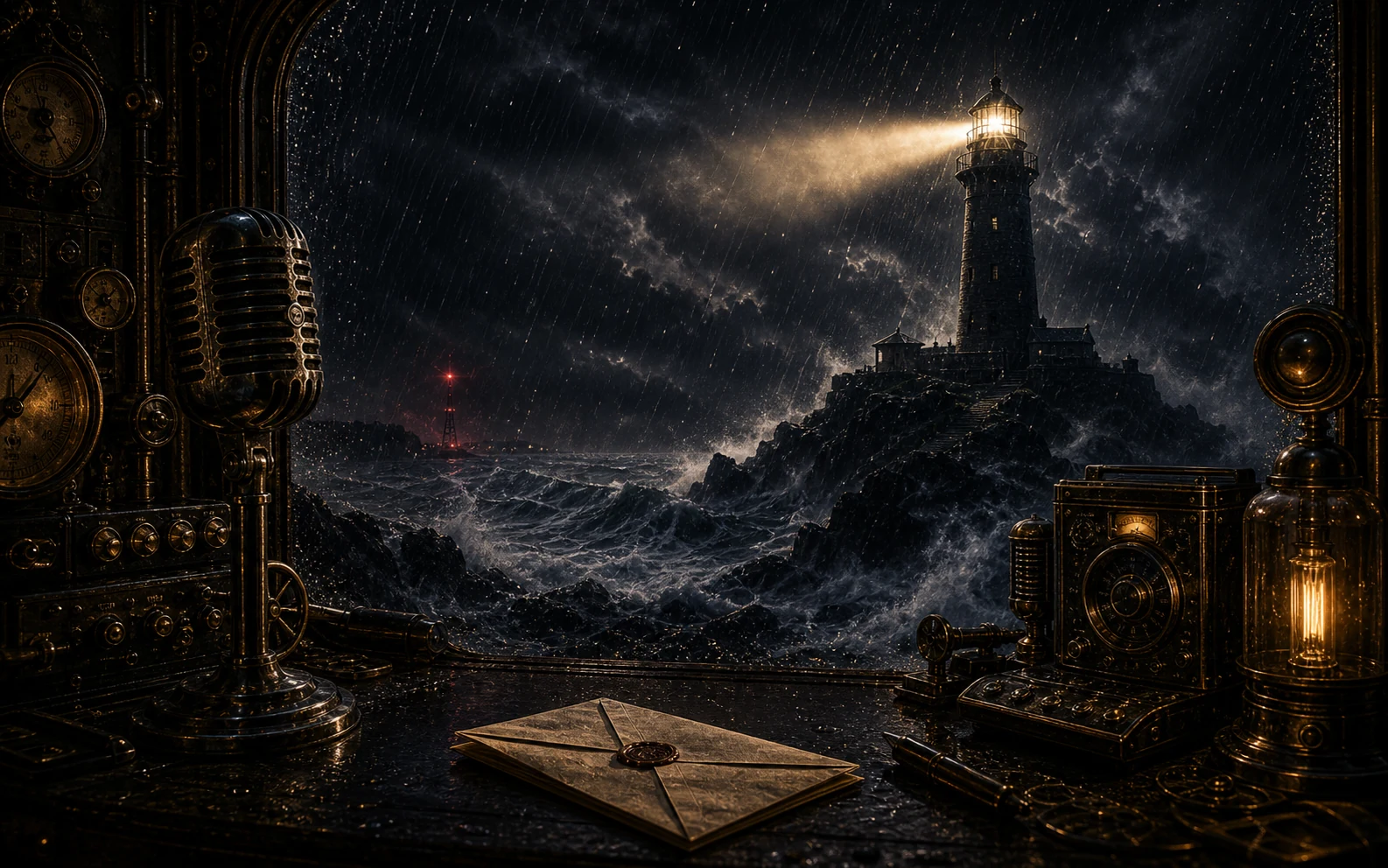 A stormy lighthouse seen from a dark radio desk with an old sealed letter in the foreground