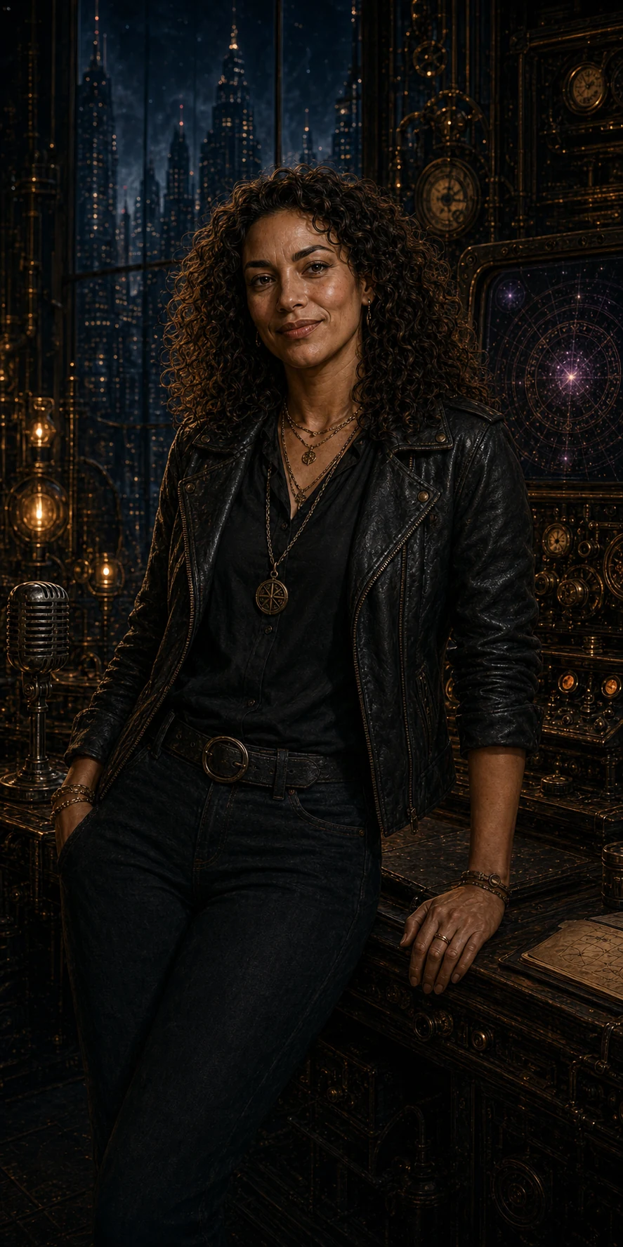 Mae, a grounded human woman with curly dark hair and dark wardrobe in the radio studio