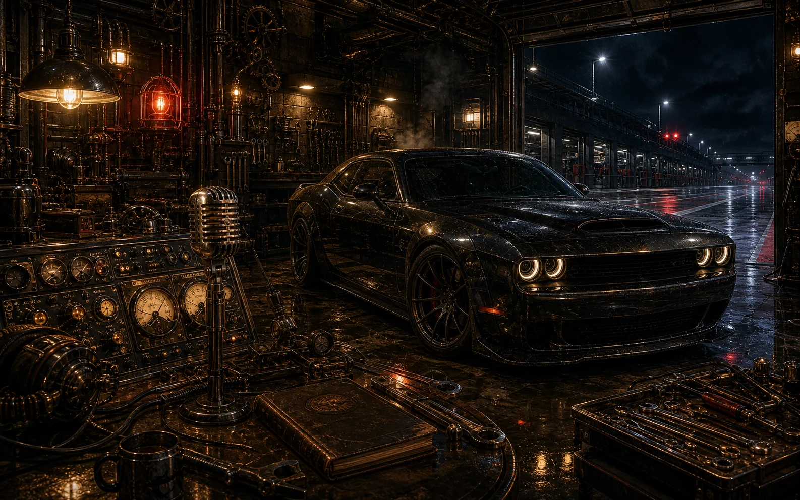 A black performance car in a dark industrial garage with radio equipment and red signal lights
